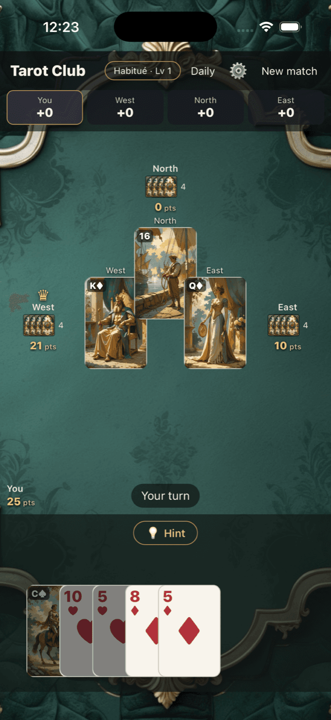 Tarot Club — A hand-painted deck in play