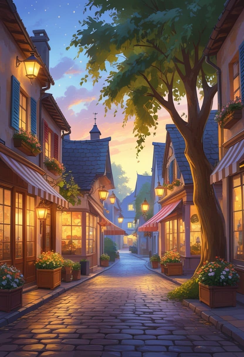 Willow Street at dusk — lanterns glowing over the cobbles