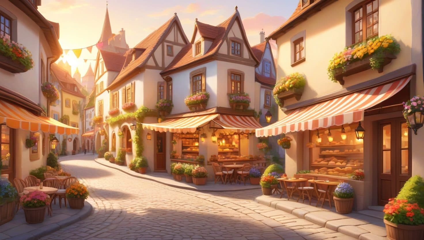 Willow Street, fully restored — flower boxes, striped awnings and café tables in the sun